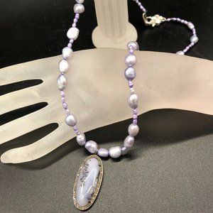 Necklace - Diamond Dendritic Opal, Lilac Baroque Pearls